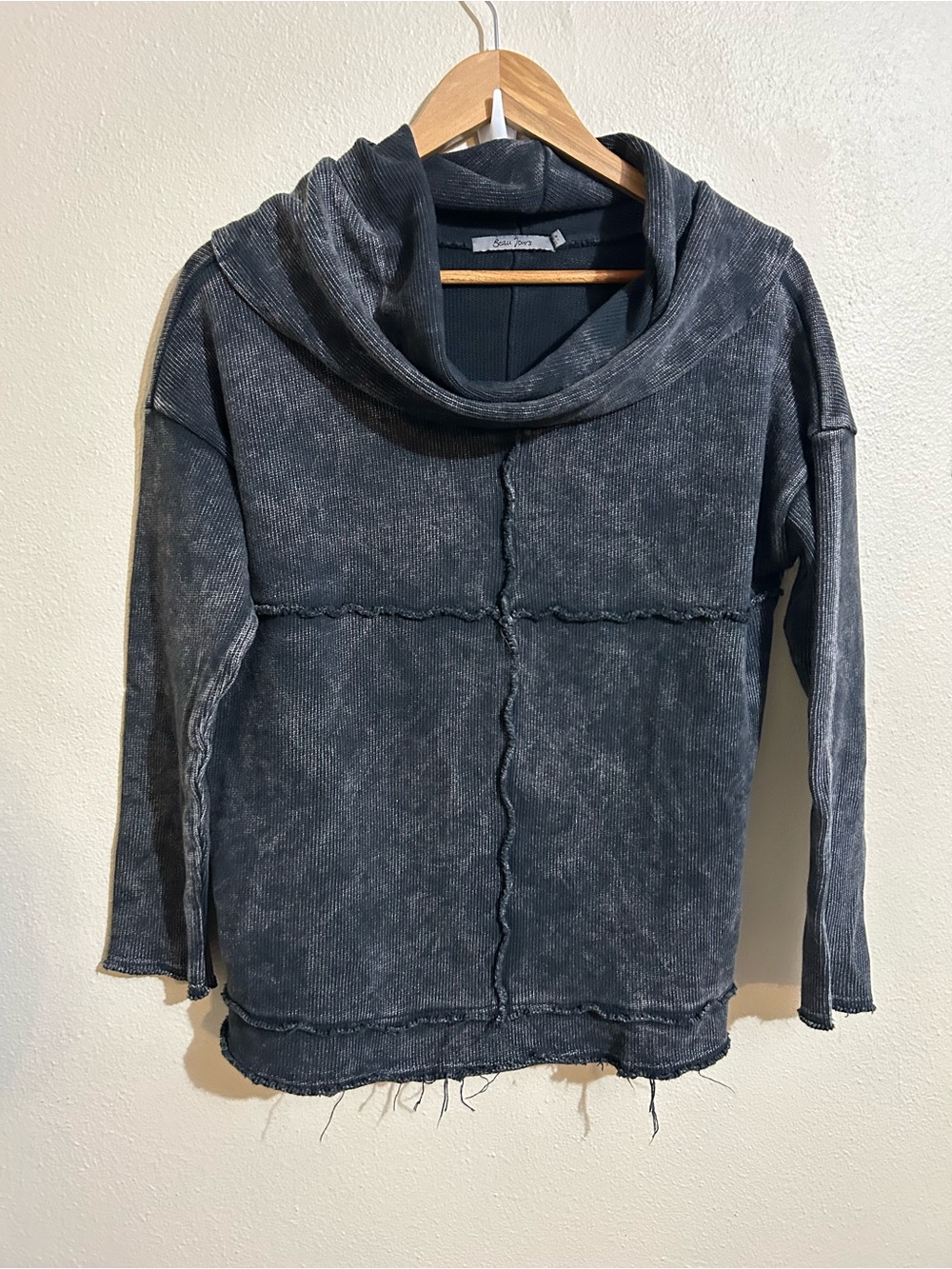 Beau Jours Washed Black Funnel-Neck Pullover Exposed Seams Size Medium Lagenlook
